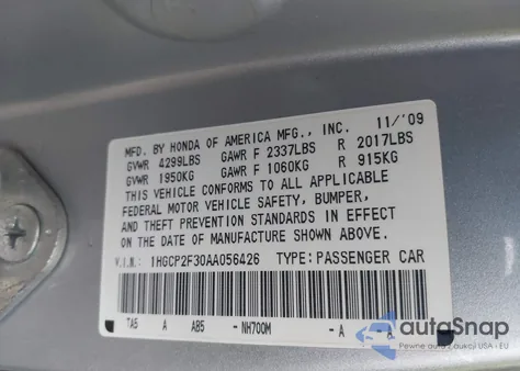 2010 Honda Accord 2.4 Lx из США, поврежденный, VIN 1HGCP2F30AA056426